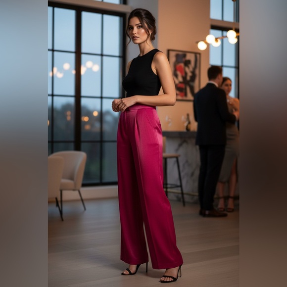 Zara Red Shimmer High-Waist Pleated Wide Leg Pants Size S - Picture 3 of 15